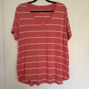 Women’s Plus Size Top 2X Short Sleeve V-Neck Peach Coral with White Stripes